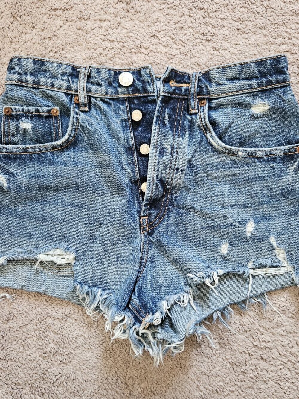 Zara Distressed High Waist Button Fly Denim Cutoff Shorts Acid Wash Frayed S/25